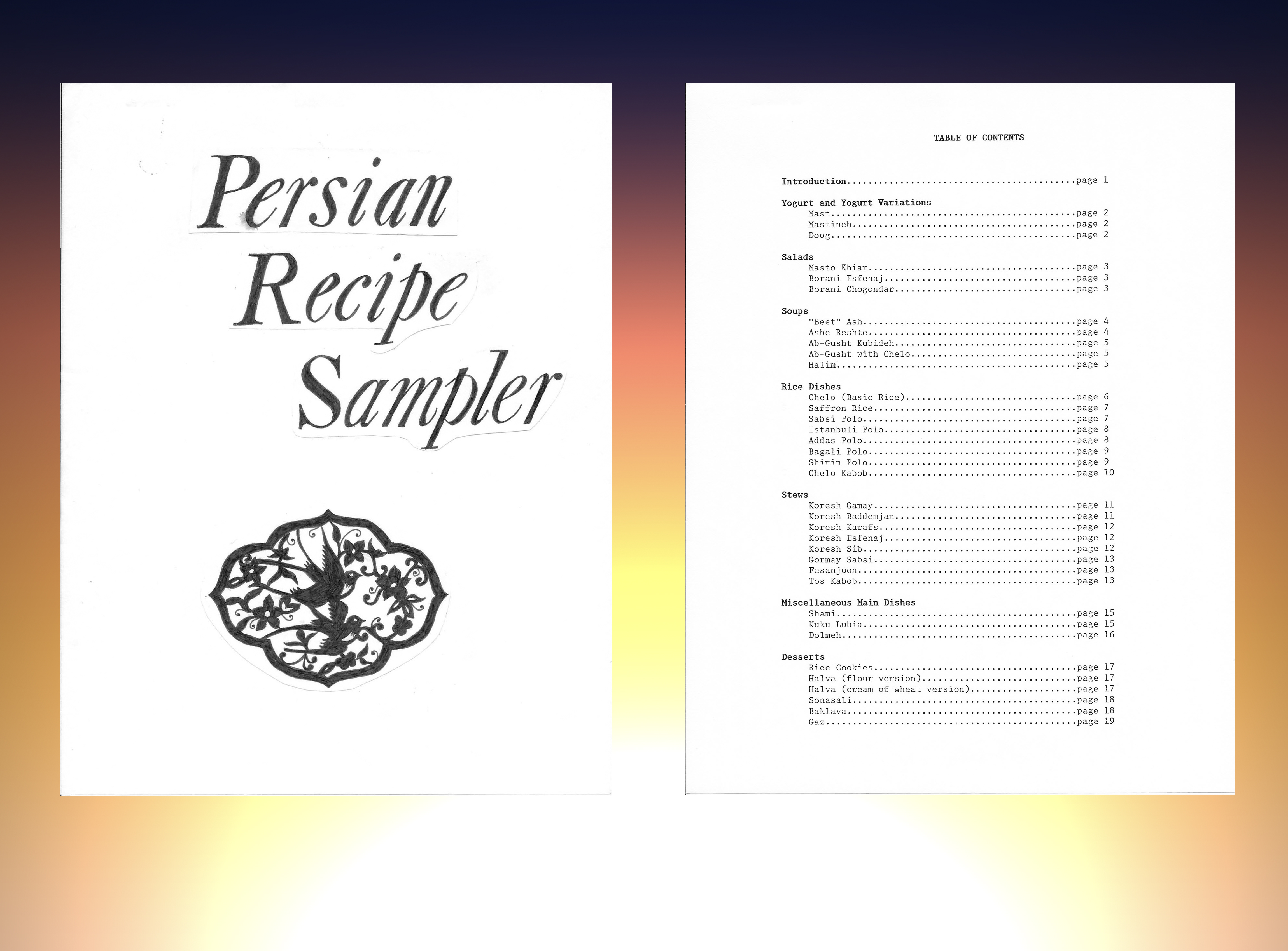 Title page and table of contents of Nura's cookbook