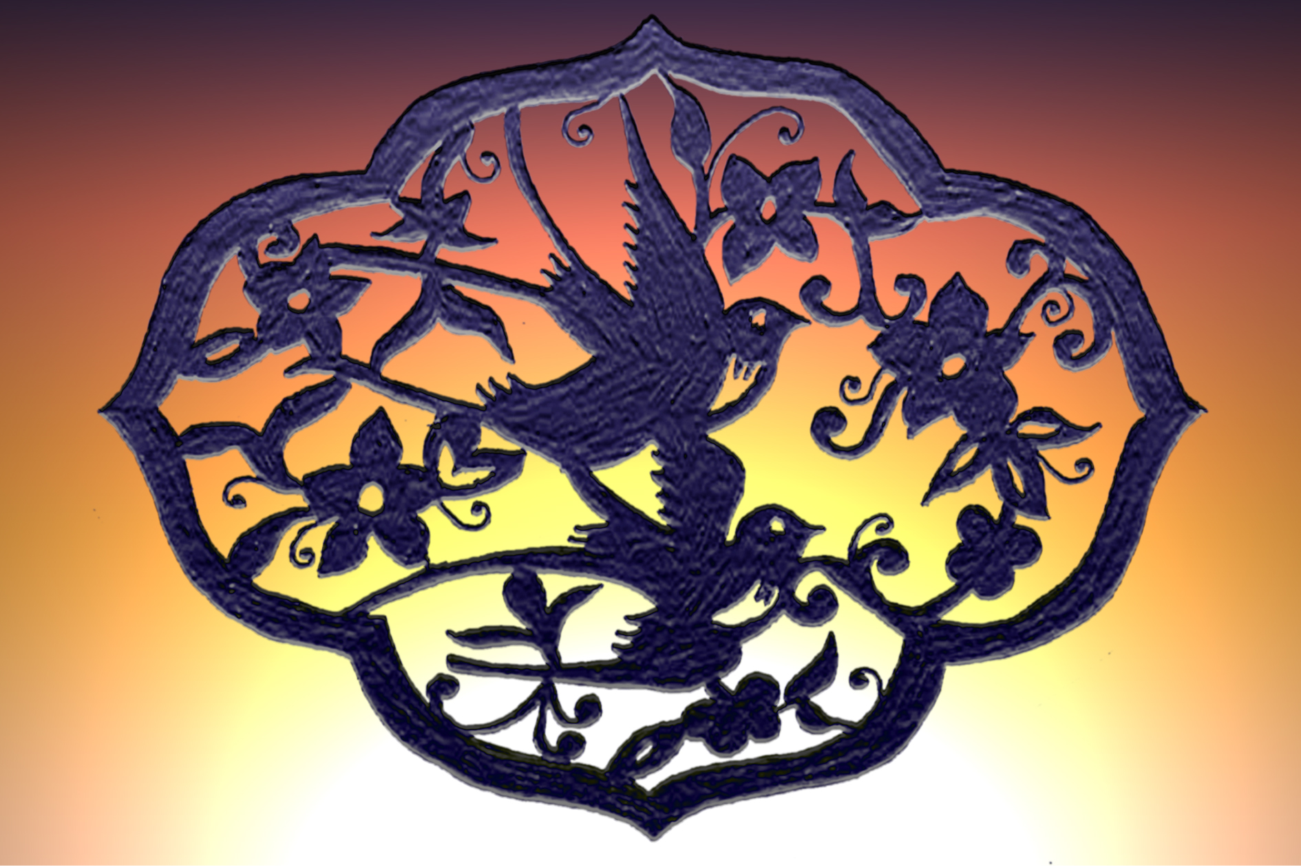 Illustration of two birds flying through flowery branches