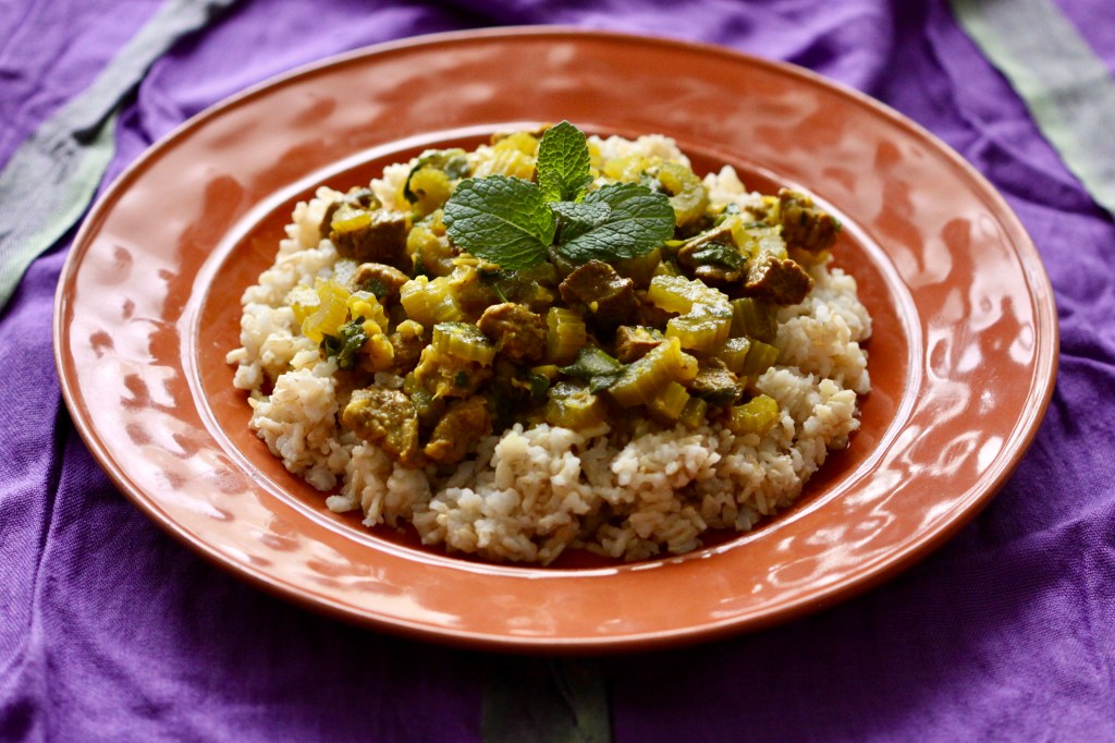 Stew and rice on a plate