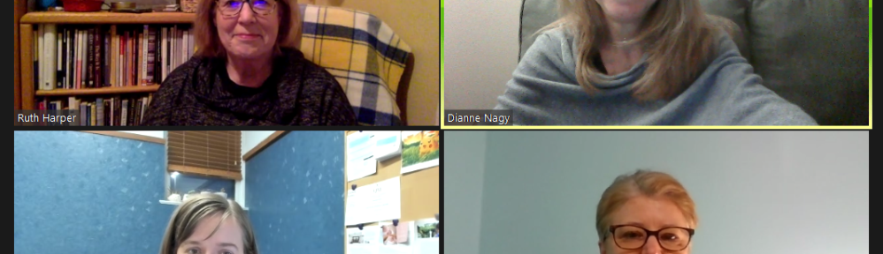 Webcam images of four women on a video call.