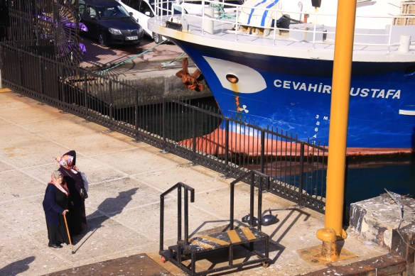 Turkish women wait at a dock.