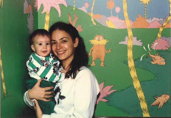 Mommy holding me in front of the Lorax mural she painted.