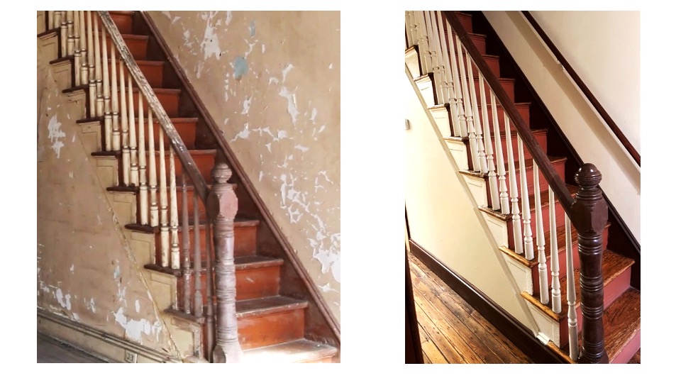 On the left, a dilapidated staircase with peeling paint. On the right, the restored staircase, with gleaming wood and fresh paint.