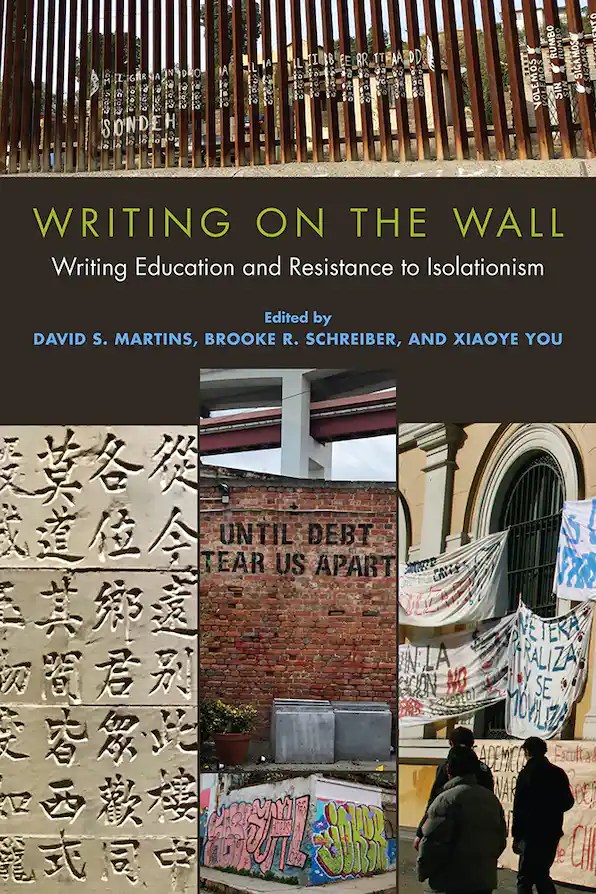 The cover of the book Writing on the Wall. The illustrations show graffiti, inscriptions, and signs on various walls.