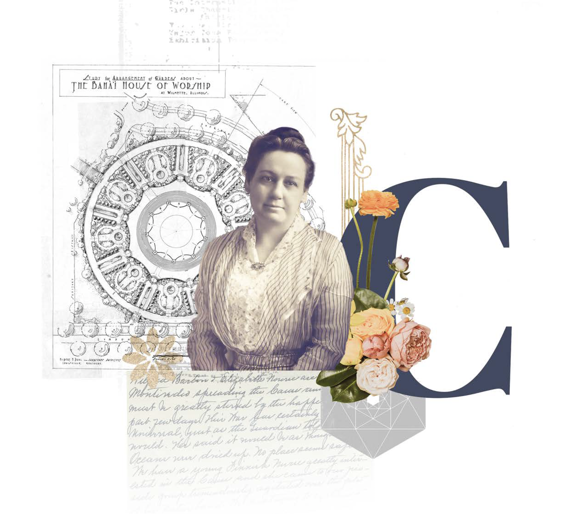 A combination of images depicting a nineteenth-century woman, an architectural plan, and a letter.