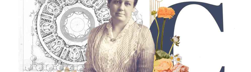 A combination of images depicting a nineteenth-century woman, an architectural plan, and a letter.