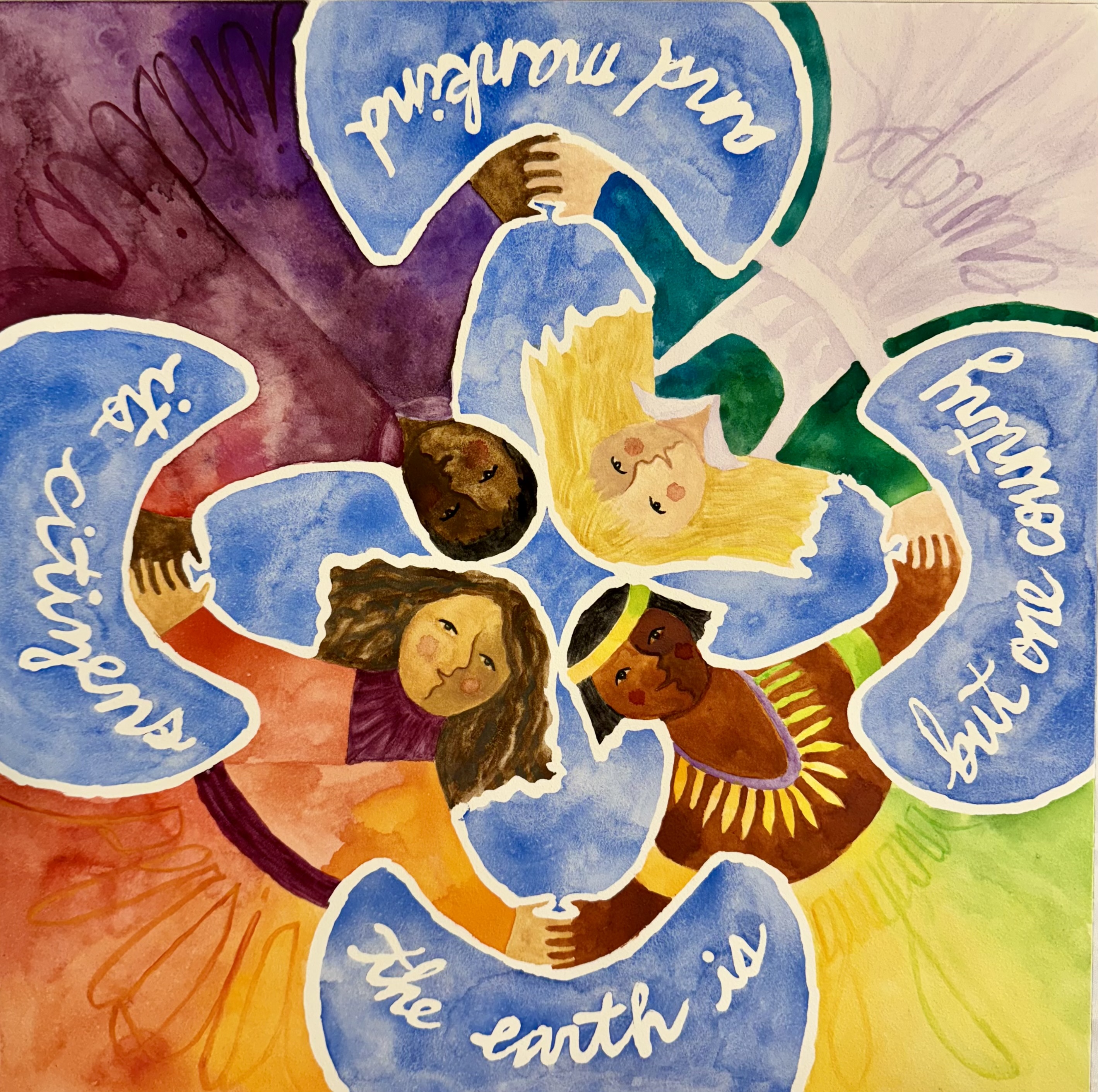 Four figures in traditional clothing from around the world hold hands. A quotation from Baha'i writings says, "The earth is but one country and mankind its citizens."