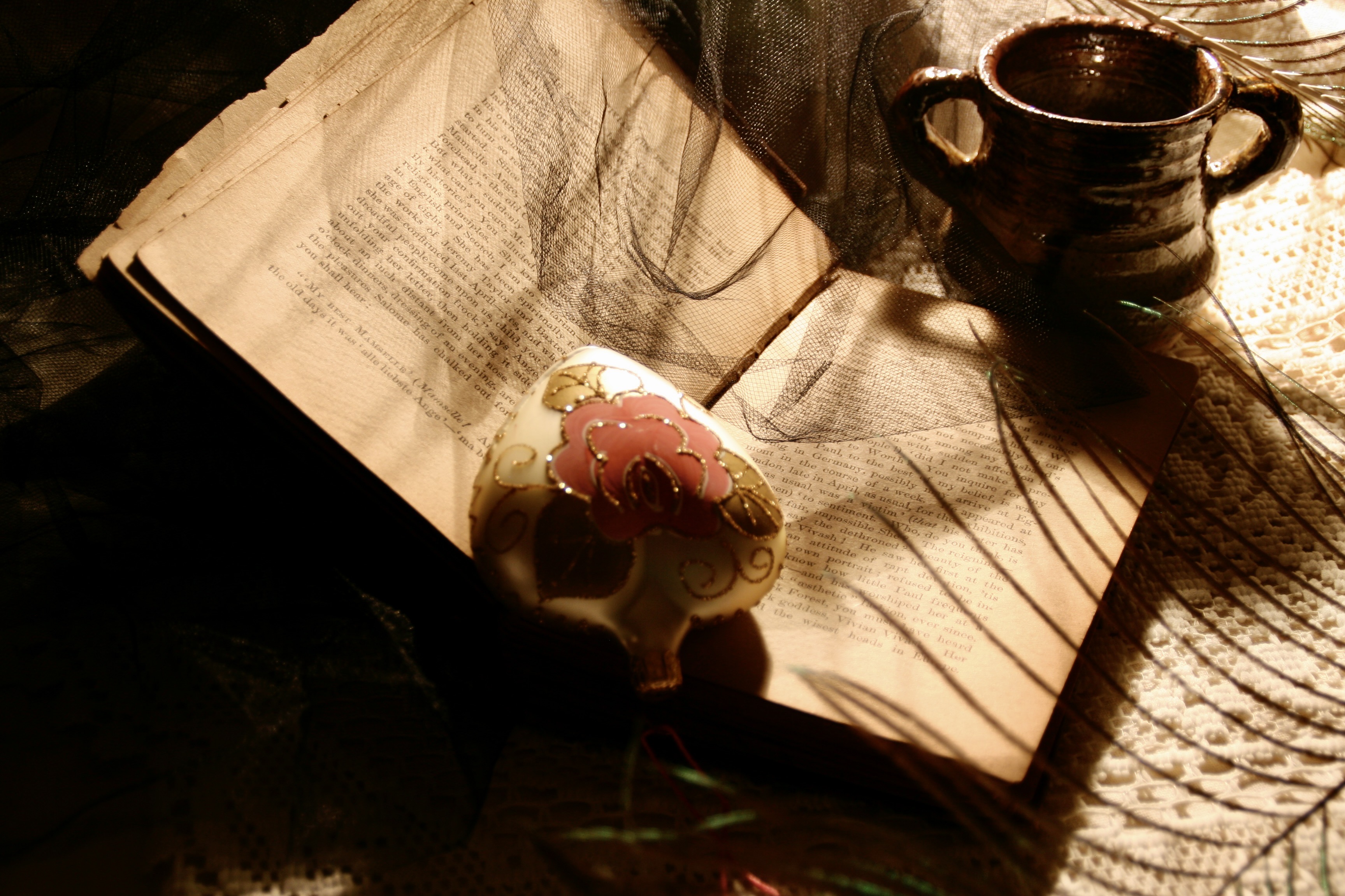 Several objects are artistically arranged: an ornament, a book, a vessel, a feather, and lace.